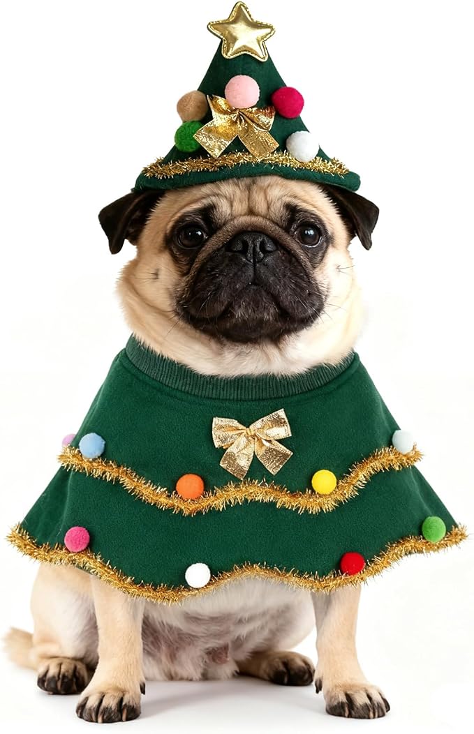 Large Dog Christmas Costumes Green Xmas Pet Cloak 2PCS Santa Cape Hat Christmas Tree Outfit Winter Warm Coat Pet Elf Clothes for Medium Large Dogs Holiday Party Dress (Christmas Tress Green, Medium)