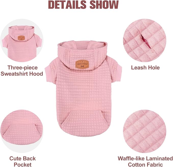 BEAUTYZOO Dog Hoodies Sweater for Small Dogs,Waffle‑Like Laminated Pet Coat | Warm Dog Sweatshirt with Pocket & Leash Hole,Pullover Clothes for Girl Boy Dogs & Cats,Stretchy & Easy‑On‑Off,Chihuahua Puppy