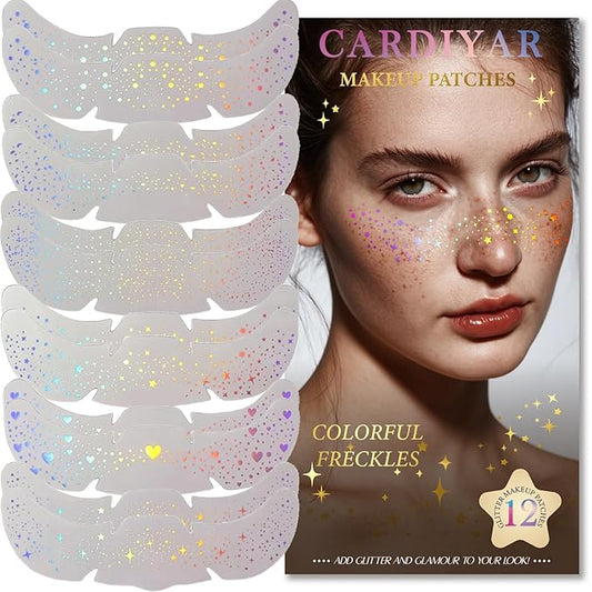 Glitter Freckles, 24PCS Glitter Freckles Face Tattoo, Sparkle Freckles for Women, Waterproof Gold Temporary Face Tattoos Glitter Glow Up Patches Makeup Patches (Holographic 12pcs)