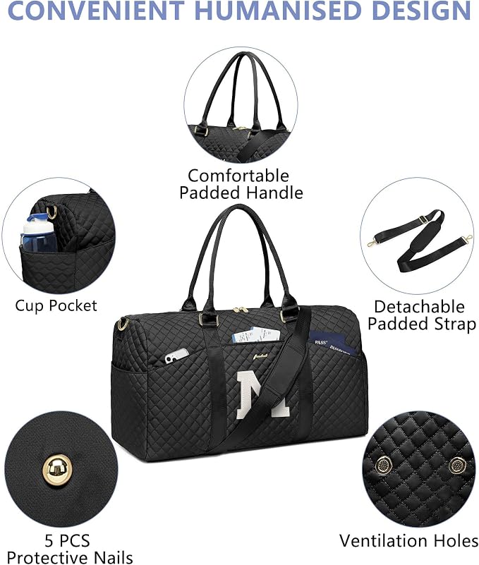 Women Weekender Travel Duffle Bag: Initial Duffel Overnight Bags with Shoe Compartment Large Carry on Tote with Toiletry Bag Weekend Traveling Yoga Gym Hospital Bag for Women with Wet Pocket Letter M