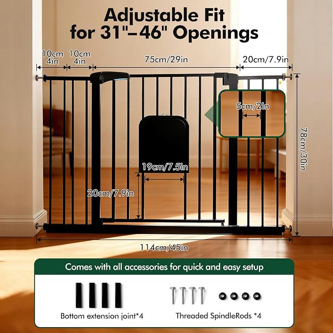 31-46“ Metal Pet Gate with Cat Door, Auto Close, Black | Pressure Mounted,Two-way swing door,Pressure mounted no drill setup,adjustable 31-46in width for indoor doorways & stairs