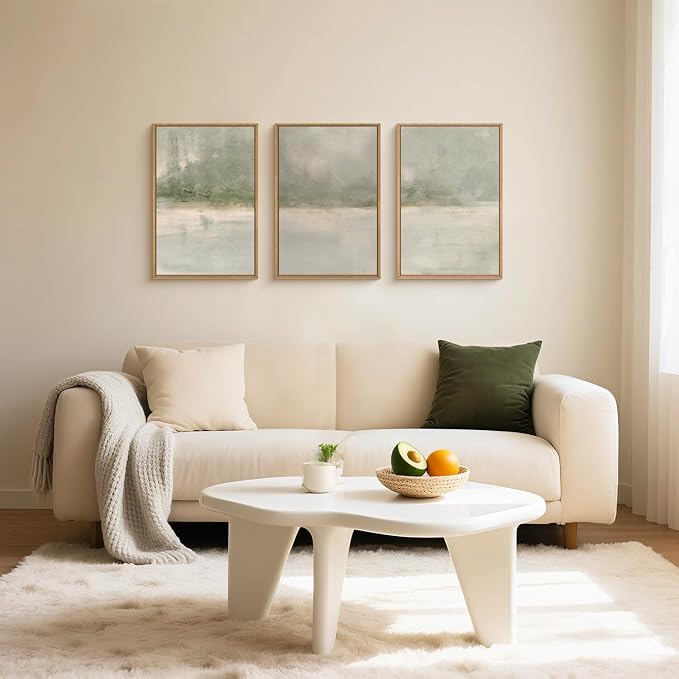 FWIEXA Grey Green Abstract Canvas Wall Art Set 3, Neutral Landscape Framed Prints, Modern Lake Scenery Paintings, Beige 24x36In Watercolor Artwork Poster for Farmhouse, Living Room, Bedroom, Office