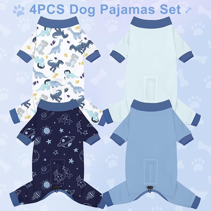 Bienbee Dog Pajamas, 4 Pack Adjustable Onesies for Small to Large Dogs M | Dog Shedding Suit with Soft Fabric, Breathable & Stretchy, and Adjustable Back Length for Sleeping Lounging and Daily Use
