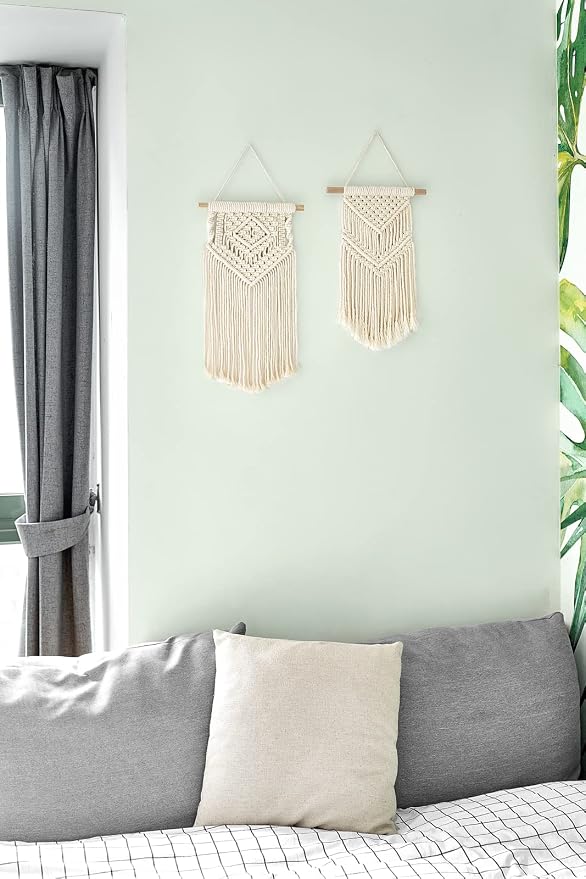 Dahey 2Pcs Small Macrame Wall Hanging, 2 Sizes Boho Tapestry Wall Art Decor | Woven Craft, Unique Tassels, Soft Cotton Cord, Wood Dowel, Ready to Hang, Boho Wall Decor for Bedroom Dorm Classroom Backdrop