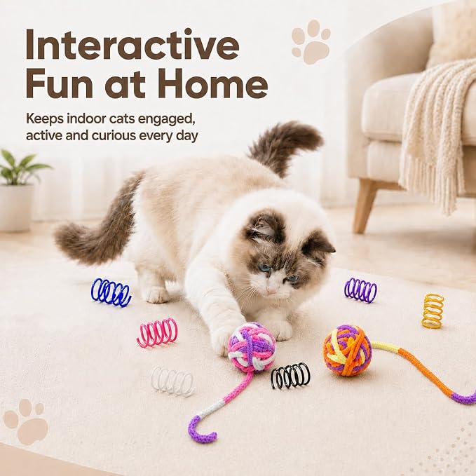 Cat Toys for Indoor Cats, 4 Yarn Balls with Tails & 12 Colorful Springs