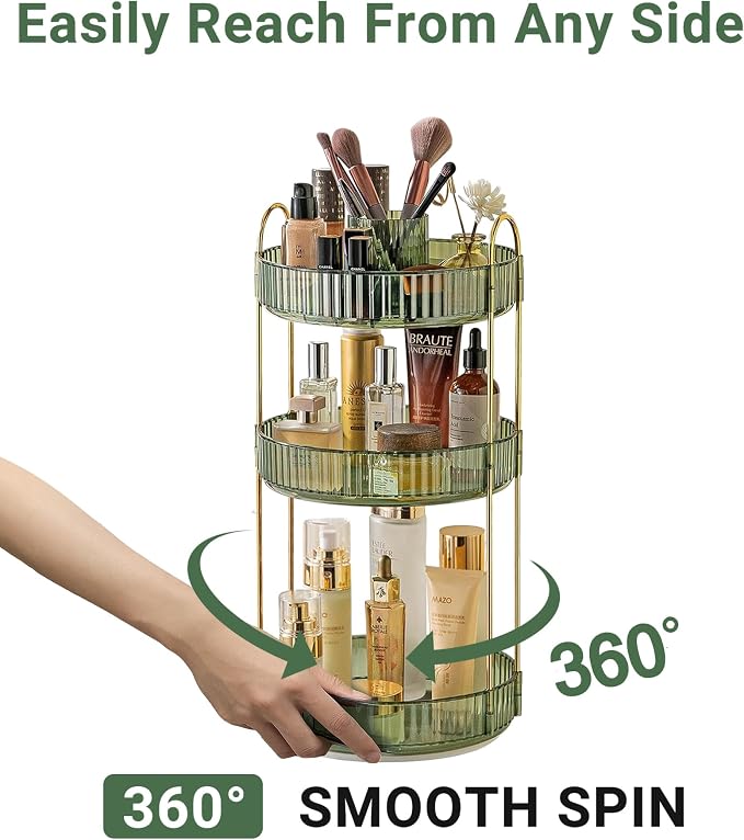 Asayuee 360 Rotating Makeup Organizer,3 Tier Large Capacity Make Up Organizers and Storage,Skincare Perfume Vanity Organizers,Bathroom Cosmetics Storage Organizer Countertop (Green)