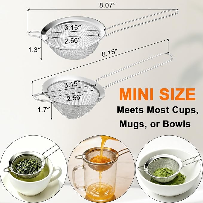 Small Fine Mesh Strainer Set, Stainless Steel Mini Sieve, Bar Strainer for Cocktail, Juice, Coffee, Tea Strainer for Loose Leaf Tea, Mini Sifter for Matcha, Flour, 4 PCS | 3.15 In Mini Strainer, for Cocktails, Loose Tea, Juice, Fits Most Cups and Mugs
