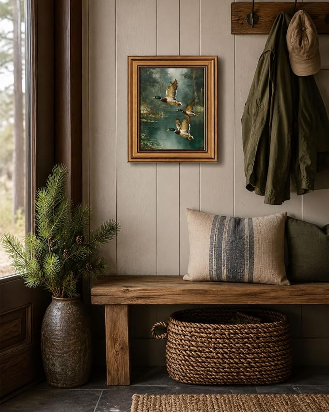 Gold Framed Wall Art, Vintage Mallard Duck Canvas Prints, Flying Ducks Rustic Cabin Lake Picture Wall Decor, Farmhouse Wildlife Nature Artwork for Living Room Hunting Lodge, Man Cave 12x16 inch