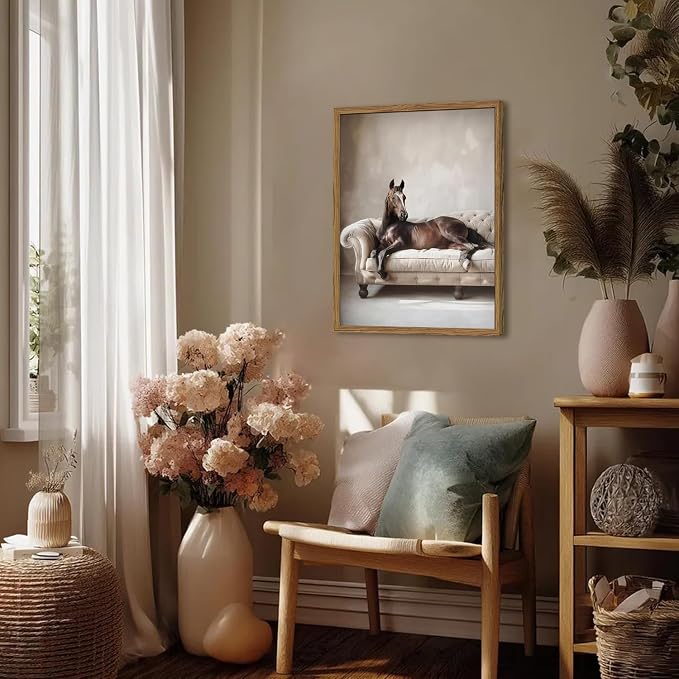 Framed Funny Horse Canvas Wall Art, Vintage Western Brown Horse On Sofa Pictures Wall Decor, Rustic Farmhouse Animal Paintings Prints for Living Room Bedroom Office Dorm 16x24 inch