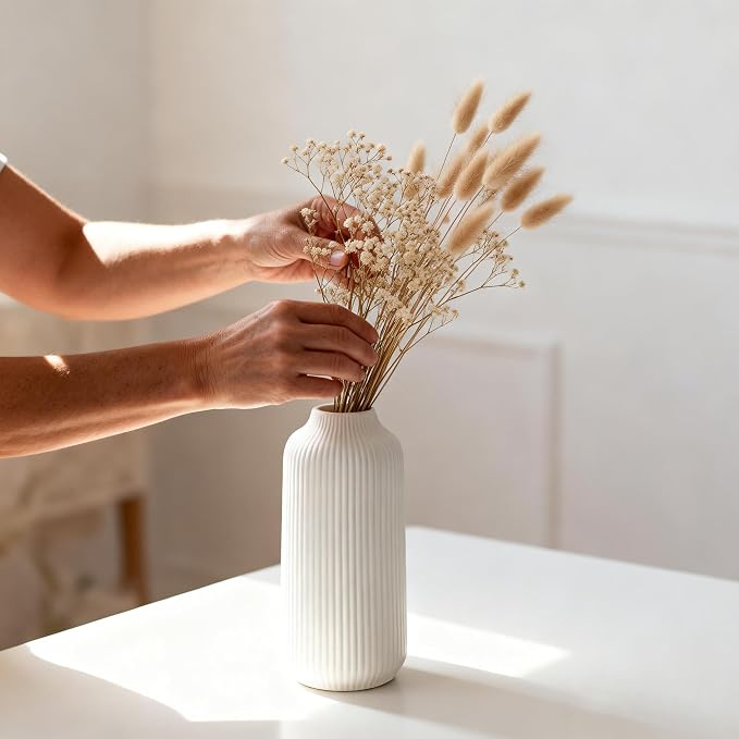 flature Ceramic Vase in Nordic Style, Decovase for Pampas Grass as Boho Deco, Vase White Matt 8 inch for Flowers, Scandinavian Design Home Decoration for Fresh Flowers, Dried Flowers (Size M)