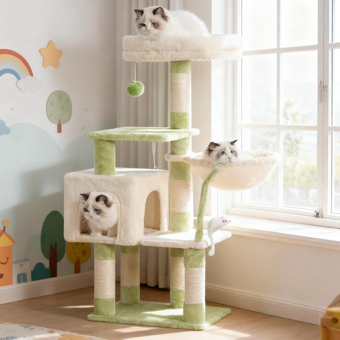 Heybly Cat Tree with Toy, 43.3 inch Cat Tower for Indoor Cats HCT004SGM | Cat Condo with Durable Sisal Scratching Posts, Cat House with Padded Plush Perch, Cozy Hammock, Green and Beige