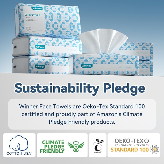 Winner Soft Face Towels, 100% USDA Biobased Facial Towels, 2 Packs per Case, 6 Bags per Pack, 100 Towels per Bag (1200 Total)