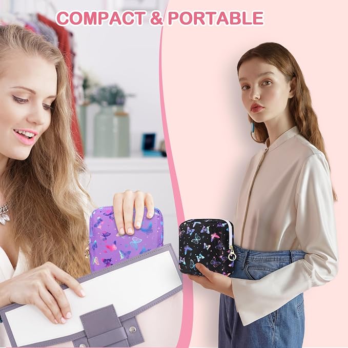 Likesing Period Bag Pouch, Canvas Sanitary Napkin Storage Bag for Girls Womens, Portable Sanitary Napkin Period Pad Pouch Bag for Purse, Small Make Up Bags(Purple Butterfly)