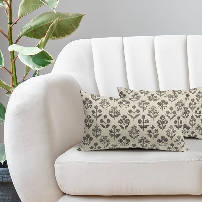 Dark Brown Floral Pillow Covers 12x20 Inch Set of 2, Block Print Lumbar Flower Cream Decorative Throw Pillowcases Outdoor Farmhouse Rectangle Cushion Covers Spring Summer Sofa Couch Bed Decor
