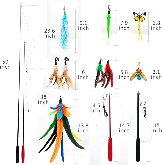 miwoowim 2PCS Retractable Cat Teaser Wands & 9PCS Feather Refills Toy Set | Dual-size telescopic rods (50" & 38"), da bird feather attachments with bells replacement,interactive fishing pole toys