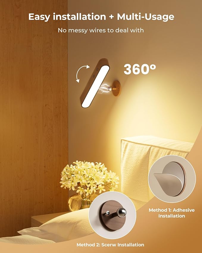 Rechargeable Wall Sconces Set of Two, Walnut Wood Battery Operated Wall Sconce, Magnetic Wall Lights for Bedroom with Remote & Touch Control, 15 RGB, 360° Rotatable Dimmable LED Wall Lamp 3 Color