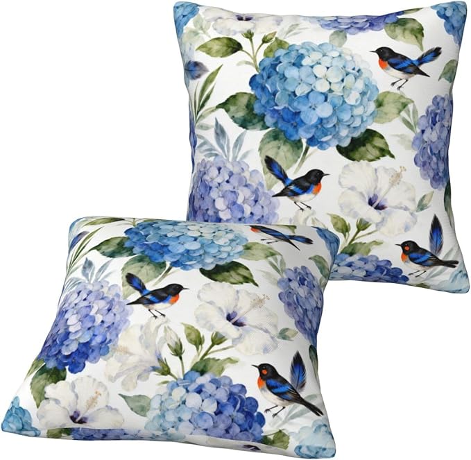 Blue and White Floral Pillow Covers 18x18 Set of 2, Spring Hydrangea Hibiscus Flower Throw Pillow Covers Outdoor Decorative Pillow Case for Couch Bed Sofa Cushion Home Decor