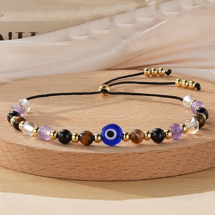 Evil Eye Bracelet for Women Tiger Eye Amethyst Energy Protection Bracelet Natural Crystal Beaded Healing Bracelet Spiritual Guardian Jewelry Gift