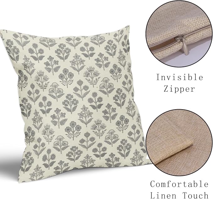 Grey Gray Floral Pillow Covers 24x24 Inch Set of 2, Vintage Flower Block Print Pattern Decorative Throw Pillowcases Outdoor Farmhouse Cushion Covers Spring Summer Rustic Sofa Couch Bed Decor