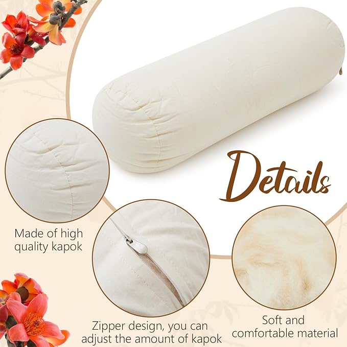 Leinuosen Organic Kapok Orthopedic Roll Pillow 16"x6" – Neck, Back, Knee & Leg Support Bolster – Cervical & Lumbar Roll for Pain Relief, Spinal Alignment – Natural Filling, Adjustable for Bed & Travel