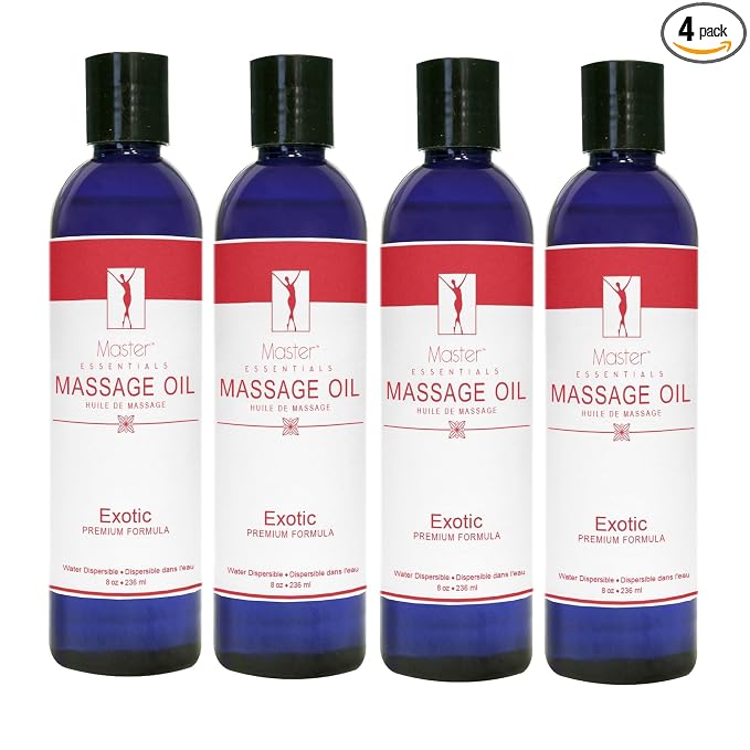 Master Massage Organic Massage Oil - 8 fl oz, Exotic Sense, Water-Soluble, Skin-Nourishing Formula for Relaxation, Ideal for Massage Therapy and Home Use, Pack of 4