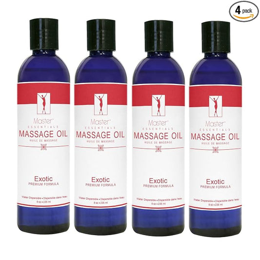 Master Massage Organic Massage Oil - 8 fl oz, Exotic Sense, Water-Soluble, Skin-Nourishing Formula for Relaxation, Ideal for Massage Therapy and Home Use, Pack of 4