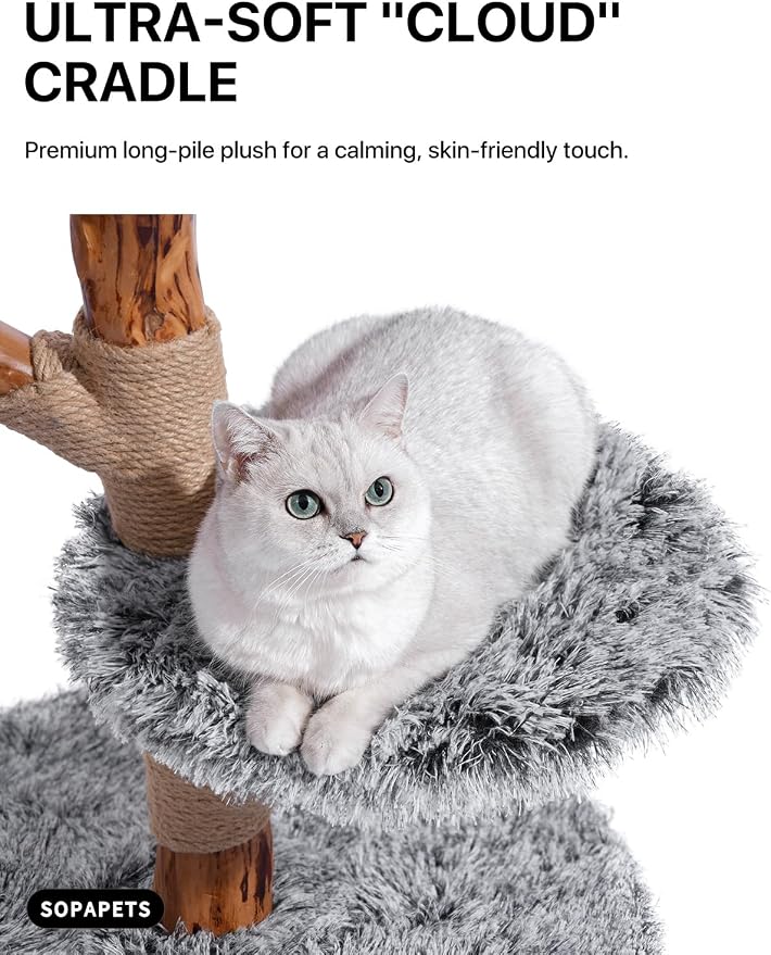 Sopapets Solid Wood Cat Tree with Hand-Woven Basket, 41.3" Natural Wood Cat Tower with Real Branch, Modern Boho Cat Furniture for Indoor Cats & Large Cats, Sisal Scratching Posts, Gray