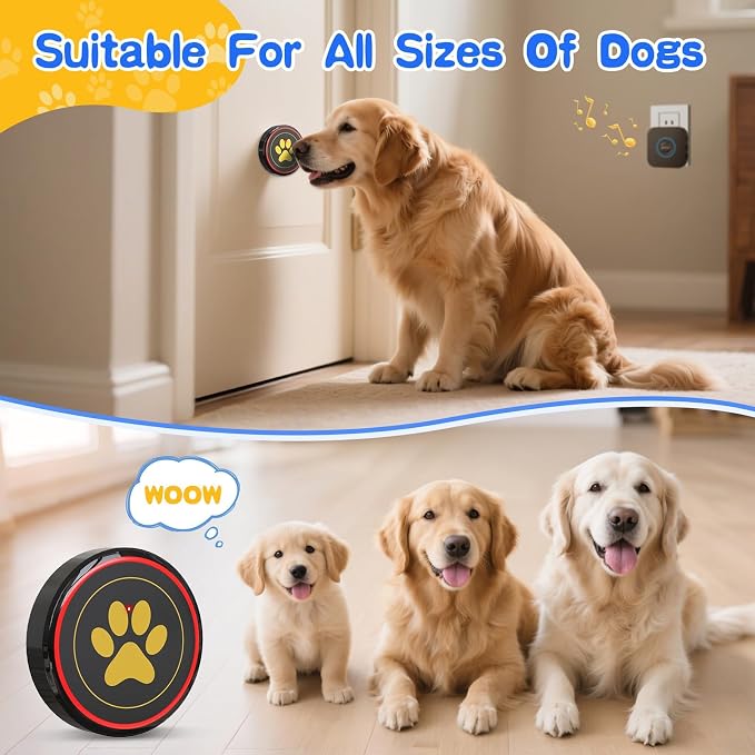 Dog Door Bell for Potty Training, IP55 Waterproof, 55 Ringtones, 0-115dB | Touch-Activated Wireless Dog Bell Helps Puppies Signal Outside, 5 Volume Levels and Waterproof Button for Indoor/Outdoor Use