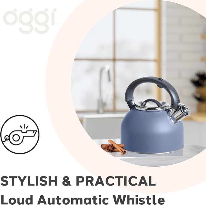 OGGI Tea Kettle for Stove Top - 64oz / 1.9lt, Stainless Steel with Loud Whistle, Ideal Hot Water Kettle and Water Boiler - Blue