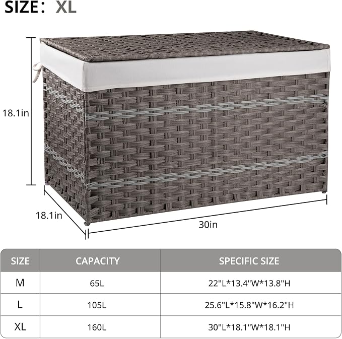OIAHOMY Storage Basket with Lid, 42.3 Gallon (160L) Blanket Basket with Removable Liner Bag, Synthetic Wicker Hamper with Handle, Foldable, Hamper for Living Room, Grey