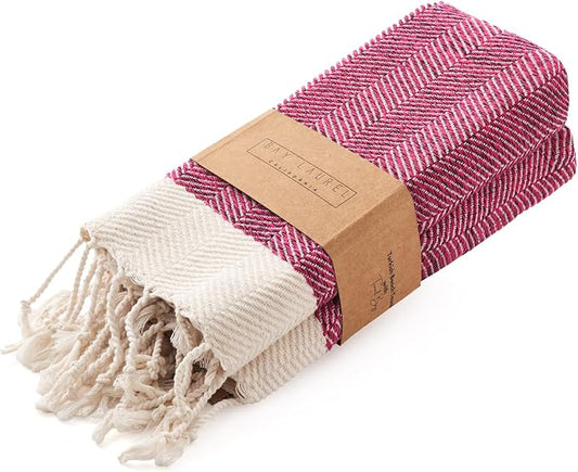 BAY LAUREL Turkish Hand Towel – Pack of 2 | Soft & Absorbent Decorative Towels for Bathroom, Hand, Face, Hair, Gym, Yoga, SPA, Kitchen & Tea | Boho Decor (Fuchsia, Herringbone 16X40 Inches (Set of 2)