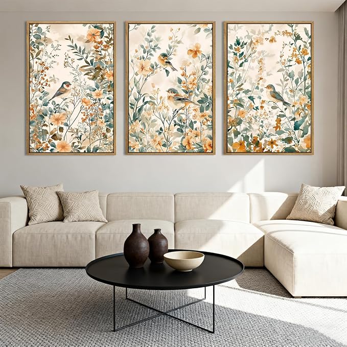 ANHUIB Large Vintage Floral Bird Framed Wall Art 16x24 Inch Beige Botanical Pictures Wall Decor Nature Wildflower Canvas Painting Set of 3 Retro Neutral Flower Artwork for Living Room Bedroom Barhroom
