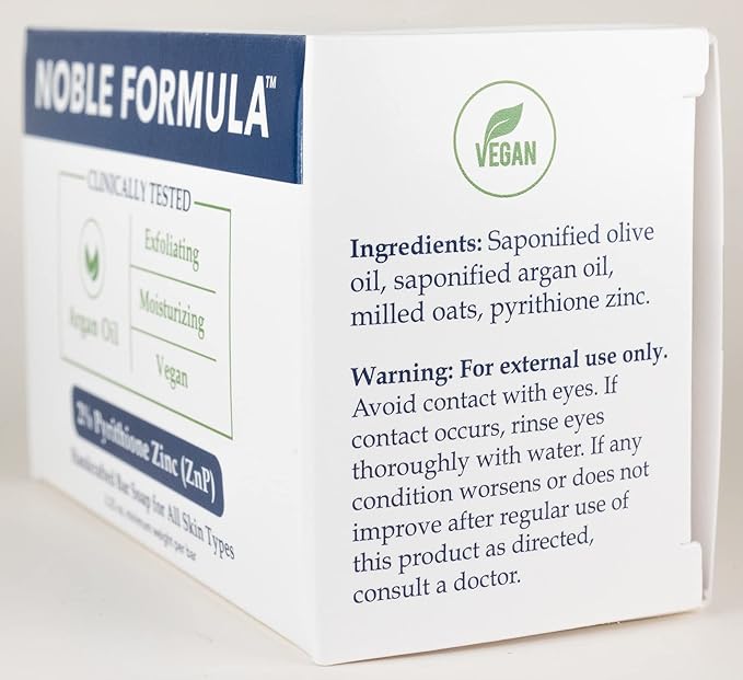 Noble Formula Zinc Bar Soap, Olive Oil and Argan Oil 2% Pyrithione Zinc (ZnP) for All Skin Types Including Those With Acne, Psoriasis and Eczema, 3.25 oz