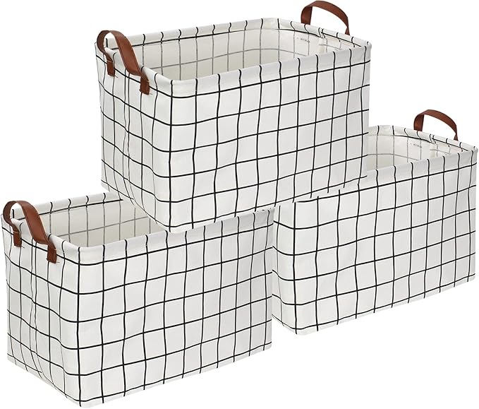 CLOCOR Rectangular Storage Basket, Collapsible Storage Bin, Gift Basket (3 pack White checks)