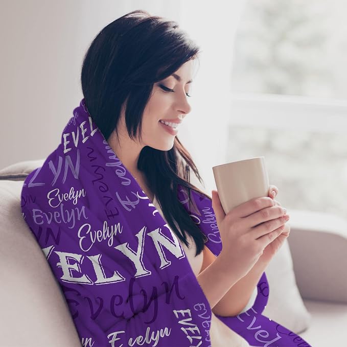 Personalized Custom Purple Theme Light Soft Flannel Fleece Throw Blanket with Name for Men, Women, Boys, Girls, Kids - Customized Name Gifts for Birthday, Christmas, Valentines Day