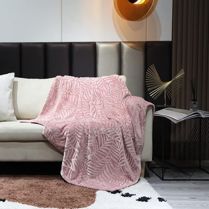 Super Soft Flannel Fleece Throw Blanket, 50 x 60 Inches, Dusty Rose | Lightweight Cozy Warm Leaves Textured Plush Blanket for Women Bed Couch Sofa