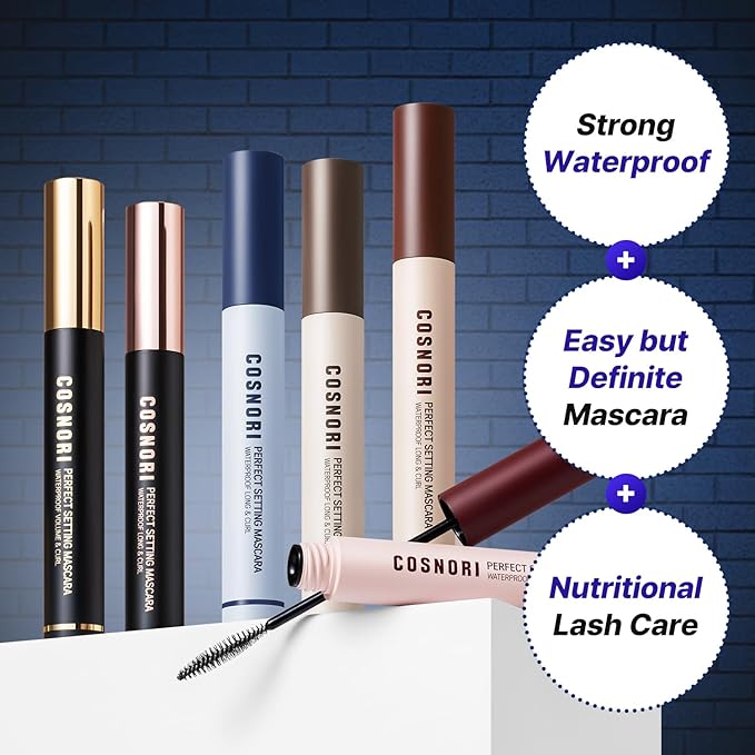 COSNORI Perfect Setting Waterproof Mascara Long&Curl 05 Royal Blue – Long Lasting Smudge - Deep Blue Mascara - Vibrant Pop of Color - Perfect Accent for Deep Skin Tones - 0.23fl oz (7ml)