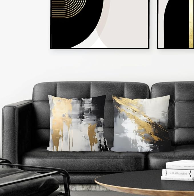 Abstract White & Gold Pillow Covers - 16x16 Set of 2, Modern Black & White for Couch, Bed & Living Room
