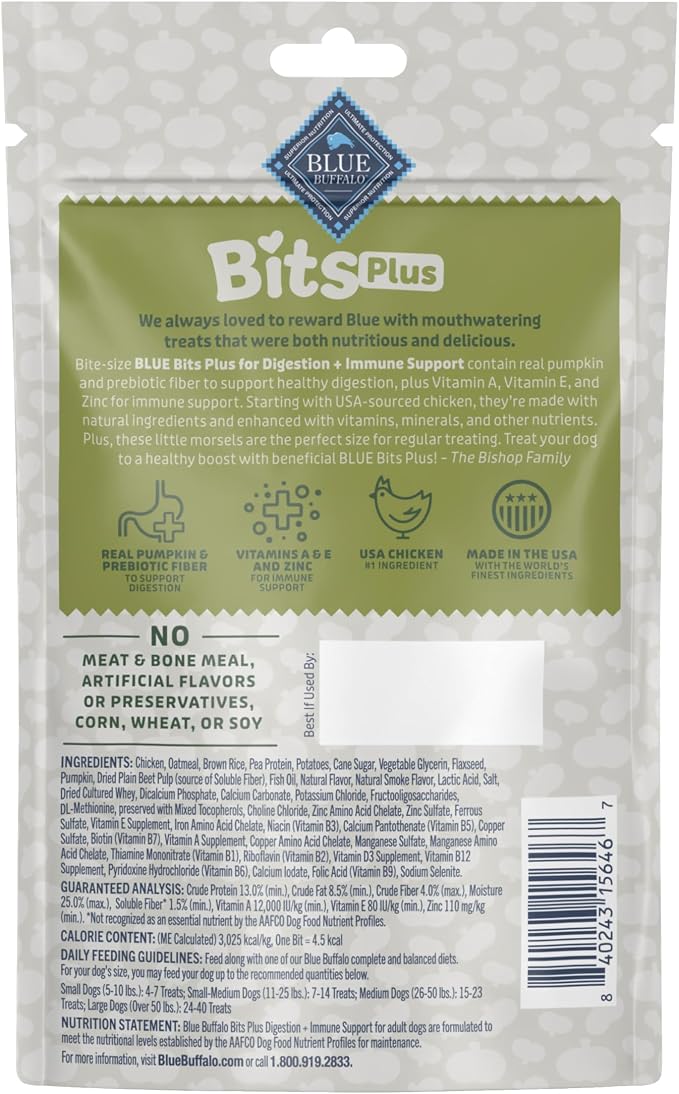 Blue Buffalo Bits Plus Chicken Dog Treats, 3.5 oz | Digestion Support, Real Pumpkin & Prebiotic Fiber, Vitamin A, E & Zinc for Immune Support