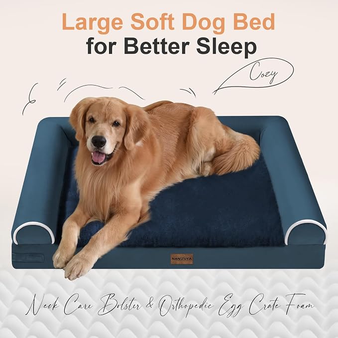 Orthopedic Dog Bed for Large Dogs, 38 x 25 Inch, Navy Blue | Egg crate foam for joint support, 3-sided bolster pet sofa, waterproof lining, washable cover, and non-skid base