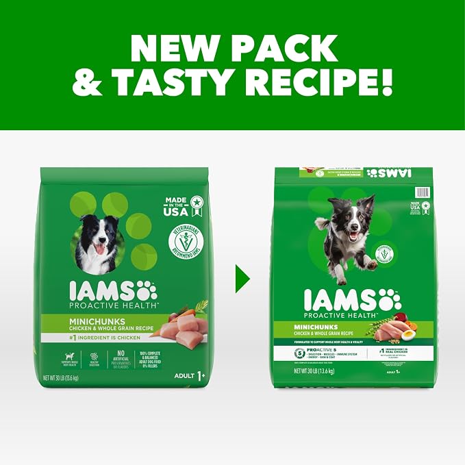 IAMS Proactive Health Adult Minichunks Dry Dog Food, Chicken, 30 lb | Real chicken #1 ingredient, no fillers, natural fiber & prebiotics, Omega-6 fatty acids, antioxidants for immune support