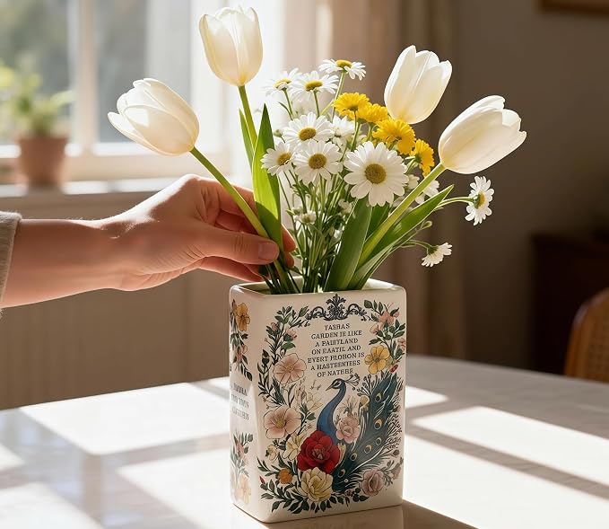 LIFFY Ceramic Vase for Flowers, 6.3 Inch Tall Farmhouse Centerpiece with Double Handles, Rustic Terracotta & Modern Navy White - Home Table Decor (Green-Peacock)