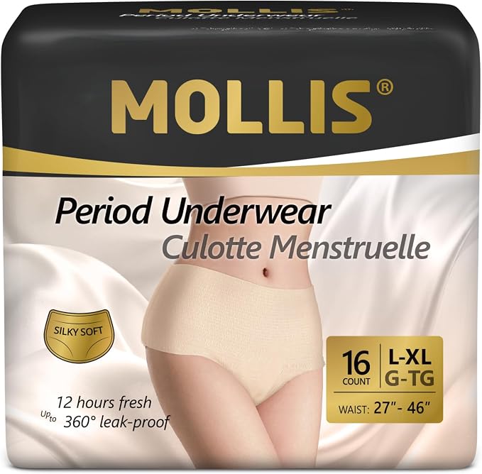 MOLLIS Disposable Period Underwear for Women, Postpartum Panties, Maternity Knickers Heavy Flow Leak Proof, Unscented, Beige, Large/X-Large, 16 Count
