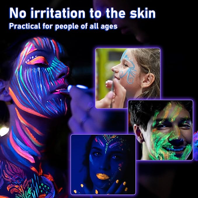 Glow in The Dark Face Body Paint, Glow In The Dark Under UV Black Light Sticks Makeup Neon Face Painting Kits for Adult Halloween Festival Accessory Glow Party Supplies (12 color Painting)