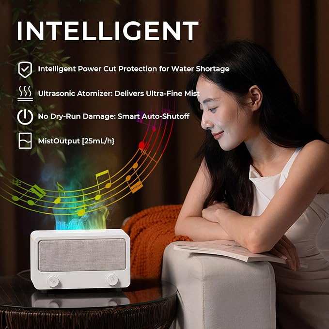 Fireplace Flame Aromatherapy Diffuser with Bluetooth Speaker, Essential Oil Diffuser for Home Bedroom, Ultrasonic Cool Mist Humidifier 7 Colors LED Light Auto-Off Protection Home Bedroom Office Yoga