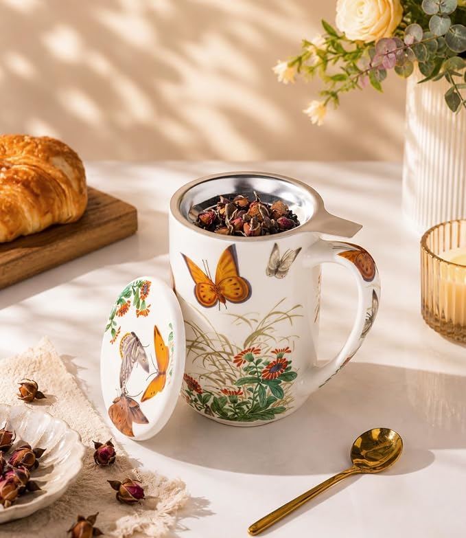 AmorArc Porcelain Tea Mug with Infuser and Lids, 18 Oz Coffee Cup Strainer with Bag Holder for Loose Leaf Tea, Steeping Coffee Mug for House-warming Wedding Birthday Gift