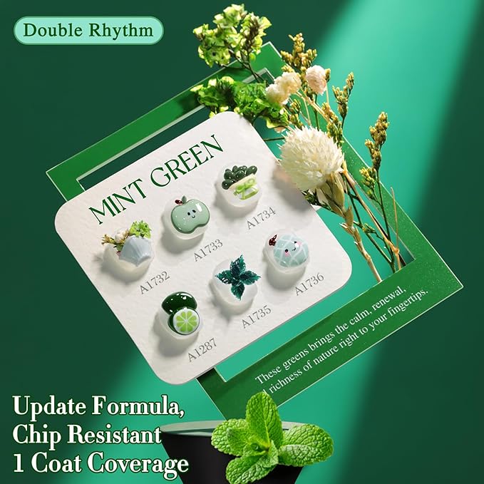 Double Rhythm 6 Pcs 15 ML Gel Polish Set Same Color Same Bottle Soak Off Gel Polish Kit Nail Art Manicure Salon DIY at Home for Women (Dark Mint Frost Sage Green Gray-T6-75)