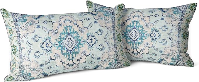 Snycler Boho Throw Pillow Covers 12x20 inch Set of 2 Teal Blue Boho Rug Carpet Double Sided Pattern Cotton Soft Pillow Case Cushion Cover Pillowcase for Couch Sofa Bed Decorative
