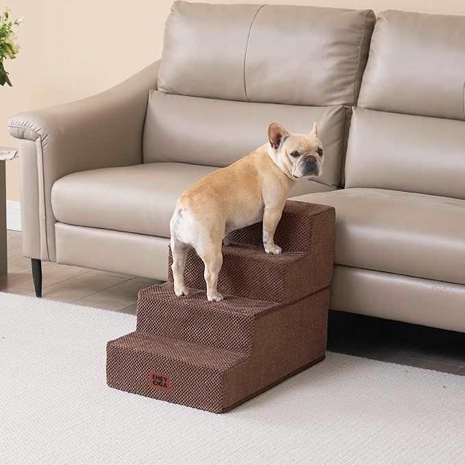 EHEYCIGA Dog Stairs for Bed 18" H, 4-Step Extra Wide Dog Steps for High Bed, Pet Steps for Small Dogs and Cats, Non-Slip Balanced Pet Ramp Indoor, Brown