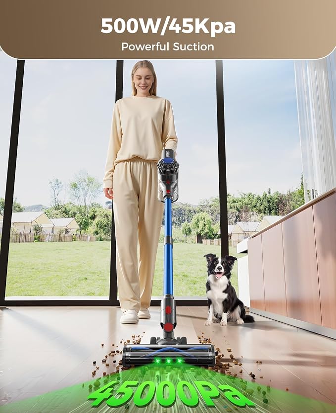 Cordless Vacuum Cleaner, 500W 45KPA Stick Vacuum Cleaners for Home